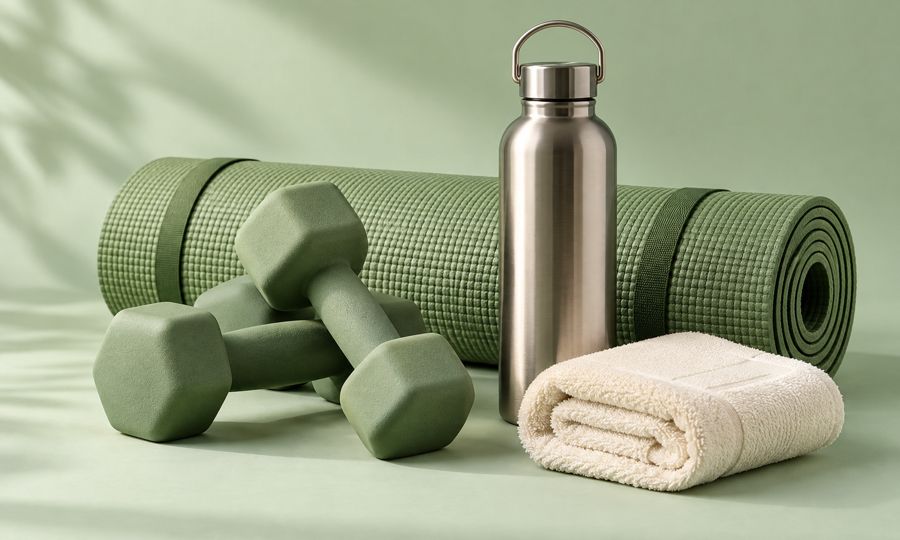 Halteres, tapete de yoga, garrafa térmica e toalha