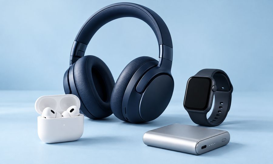 Fone de ouvido, fones sem fio, relógio inteligente e carregador portátil
